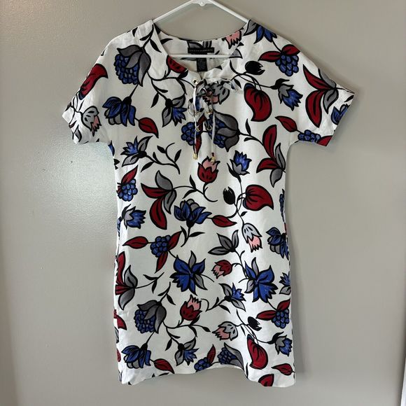 Grace Elements Floral Linen Blend Shift Dress Red Blue Lined Size Small - Picture 1 of 6